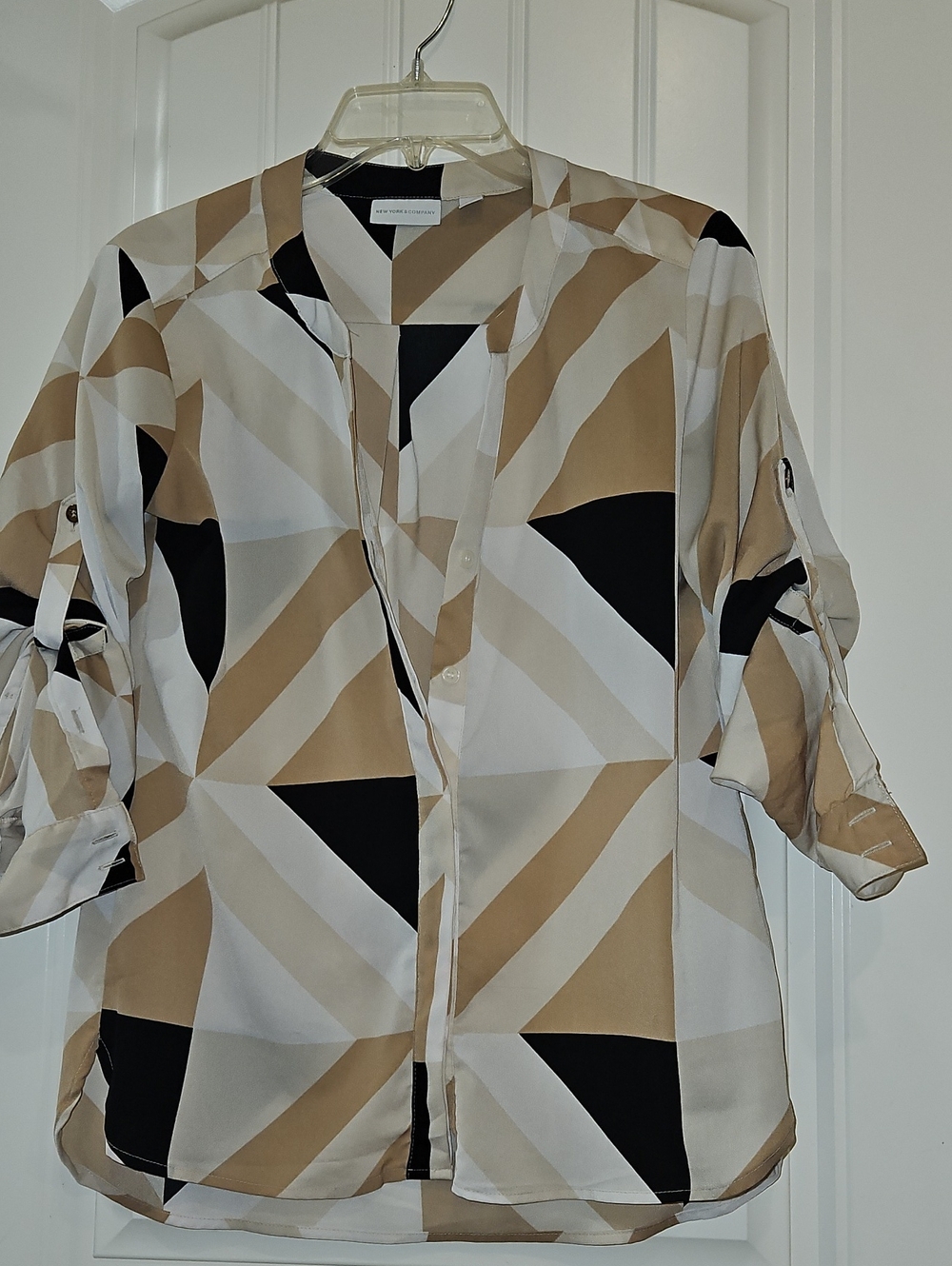 New York & Company Geometric Button-Down Blouse - Beige/Black/White